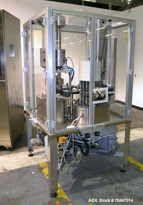 Used MG2 Futura automatic capsule filler capable of speeds up to 48,000 capsules per hour. Can run capsule sizes from 000 to 5, including tamper evident with proper changeparts. Currently haas change...
