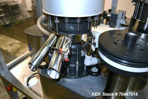 Used MG2 Futura automatic capsule filler capable of speeds up to 48,000 capsules per hour. Can run capsule sizes from 000 to 5, including tamper evident with proper changeparts. Currently haas change...