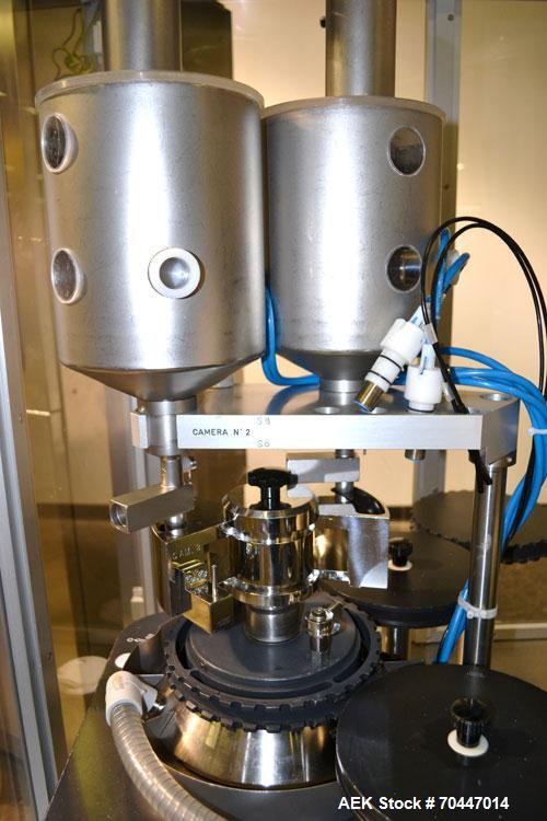 Used MG2 Futura automatic capsule filler capable of speeds up to 48,000 capsules per hour. Can run capsule sizes from 000 to 5, including tamper evident with proper changeparts. Currently haas change...