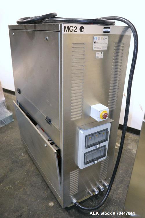 Used MG2 Futura automatic capsule filler capable of speeds up to 48,000 capsules per hour. Can run capsule sizes from 000 to 5, including tamper evident with proper changeparts. Currently haas change...