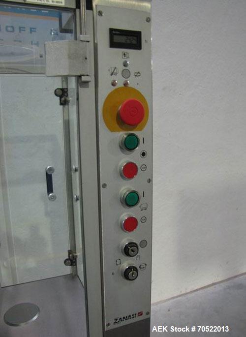 Used Zanasi AZ5 Capsule Filling/Closing Machine.  Maximum output 4,200 capsules/hour, 3/380V/60 hz, for capsule sizes 000 - 5, integrated vacuum pump and vacuum cleaner, format sets for sizes 0 / 2.