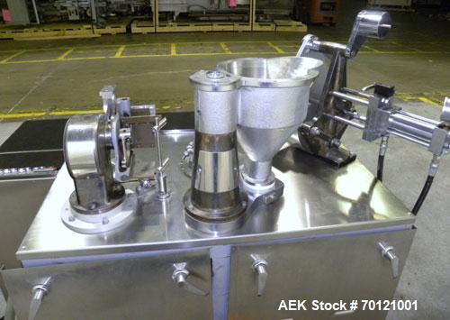 Used Capsugel Semi Automatic Capsule Filler, Model KDF-2. 20,000 capsules per hour for sizes 00 through 5 with beadlets, granular, or powdered product. Capacities dependent upon volume per ring, oper...