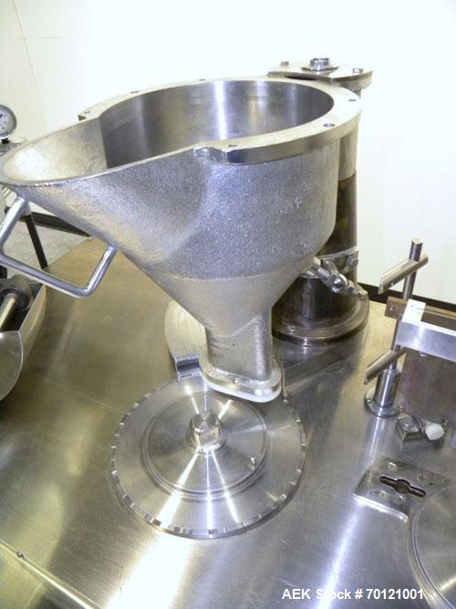 Used Capsugel Semi Automatic Capsule Filler, Model KDF-2. 20,000 capsules per hour for sizes 00 through 5 with beadlets, granular, or powdered product. Capacities dependent upon volume per ring, oper...