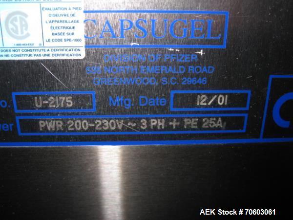 Used Capsugel Ultra 8 II Capsule Filler. Stainless steel construction, feed hopper with chute, powder fill station with agitated hopper, on stand, change parts for 00-4 capsule sizes (unit to be supp...