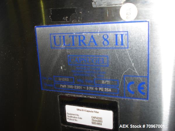 Used One (1) used Capsulgel capsule filler, model Ultra 8 II, stainless steel construction, feed hopper with chute, powder fill station with agitated hopper, on stand, serial# U-2163, new 2002. NOTE ...
