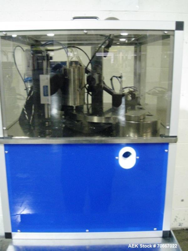 Used- LAB rotary tablet/capsule enrobing unit, 8 station, with heated enrobing system and Keyence CV-3000 vision system, 115...