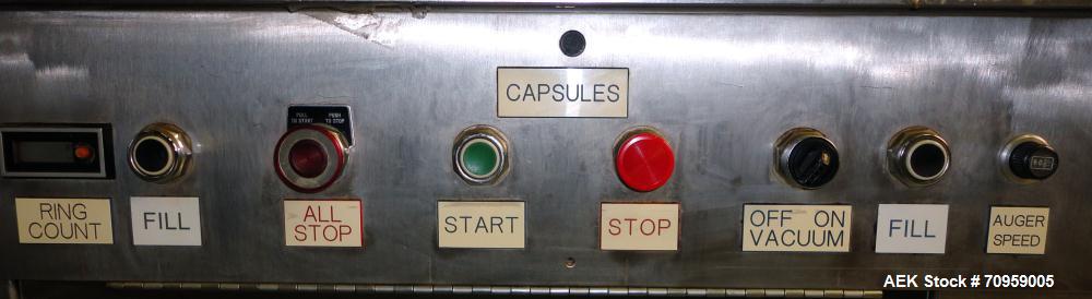 Used Shionogi Qualicaps STI Type 10 Semi-Automatic Capsule Filler. Capable of speeds up to 25,000 capsules per hour. Machine is setup with size 0 Change parts, includes a set of 00 change parts. Has ...