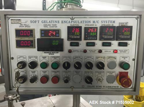 Used Chang Sung Soft Gel Encapsulation Machine, Model 300. up to 6.5RPM. Stainless Steel upgrades, new plungers, bearings. Requires cold water for cooling drums. 230v/60hz, can be used to run: fish o...