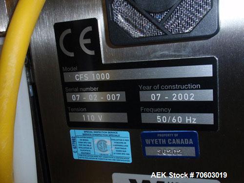 Used Capsugel Liquid Encapsulator, Model CFS1000. Rated approx. 1,000 capsules per hour, serial# 07-02-007, new 2002.
