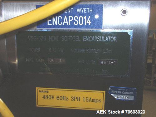 Used Vanguard VSG-52B Mini Softgel Encapsulator.  Includes chiller unit, (2) tumble dryers, spare rolls, 150 lt gelatin melting tank and Neslab process chiller, touch screen controls, 480 volt, seria...