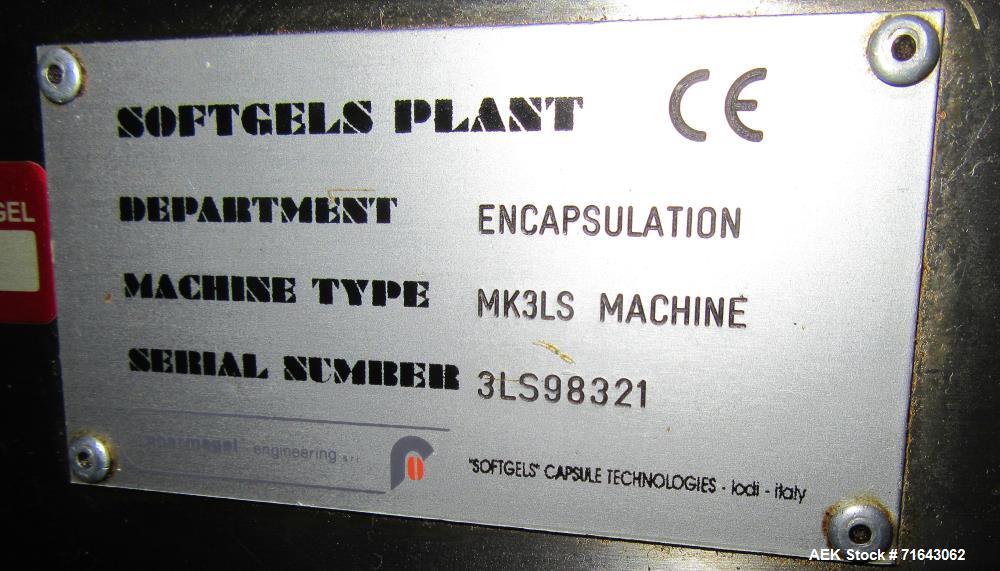 Used Pharmagel Engineering Model MK3LS Complete "Softgel" Line. Line had forming machine, 6 cooling drums with air handler and 4 polishing pans.