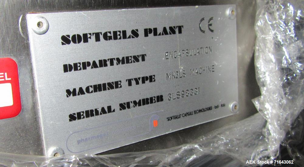 Used Pharmagel Engineering Model MK3LS Complete "Softgel" Line. Line had forming machine, 6 cooling drums with air handler and 4 polishing pans.