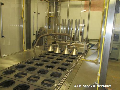 Used Holmatic model PR-4S Inline Cup Filler and Sealer. Last ran bowl of mac and cheese. The bowl measure 6 1/4” long x 5 1/2” wide x 2 3/8” high. This machine is servo with a Spee-Dee volumetric cup...