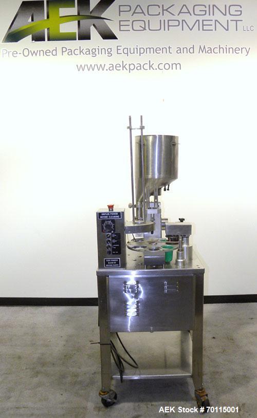 Used Autoprod (Oystar) Model 2000 Fil-N-Seal Rotary Cup Filler and Heat Sealer. Filler for thin liquids only water like product. Capable of speeds up to 60 cpm. Cup size range: diameter 1" to 3.5" or...