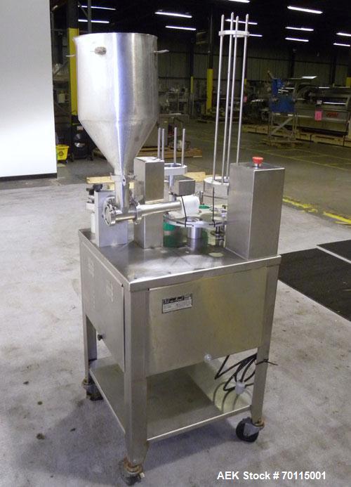 Used Autoprod (Oystar) Model 2000 Fil-N-Seal Rotary Cup Filler and Heat Sealer. Filler for thin liquids only water like product. Capable of speeds up to 60 cpm. Cup size range: diameter 1" to 3.5" or...