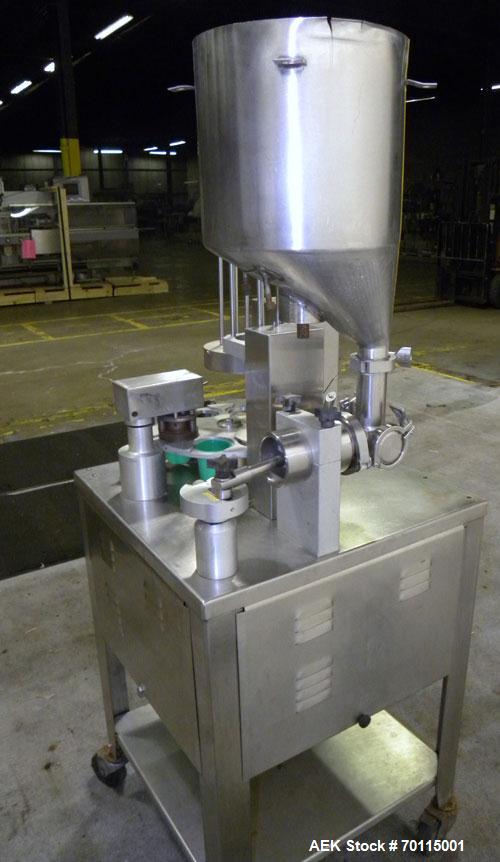 Used Autoprod (Oystar) Model 2000 Fil-N-Seal Rotary Cup Filler and Heat Sealer. Filler for thin liquids only water like product. Capable of speeds up to 60 cpm. Cup size range: diameter 1" to 3.5" or...
