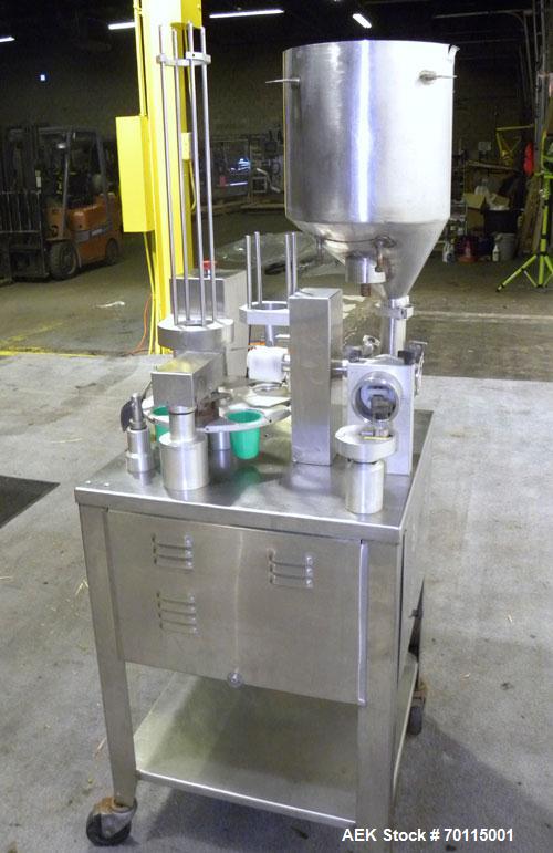 Used Autoprod (Oystar) Model 2000 Fil-N-Seal Rotary Cup Filler and Heat Sealer. Filler for thin liquids only water like product. Capable of speeds up to 60 cpm. Cup size range: diameter 1" to 3.5" or...