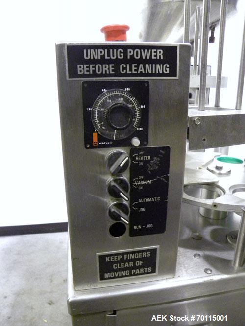 Used Autoprod (Oystar) Model 2000 Fil-N-Seal Rotary Cup Filler and Heat Sealer. Filler for thin liquids only water like product. Capable of speeds up to 60 cpm. Cup size range: diameter 1" to 3.5" or...