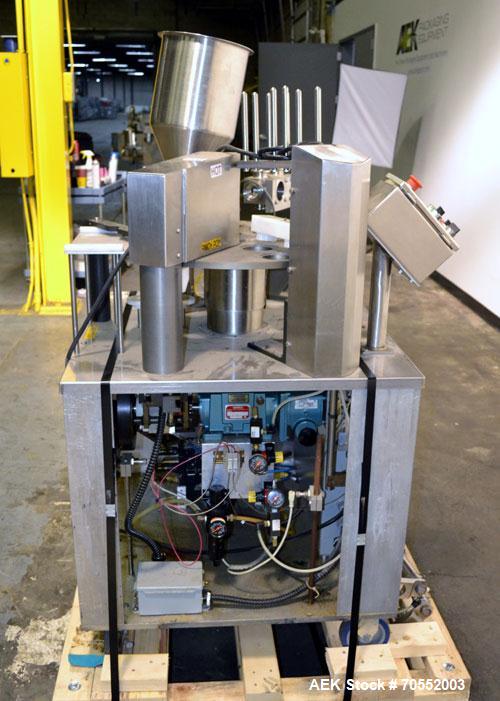 Used Wilpack Packaging 201 Seal N PeelRotary Cup Filler capable of speeds up to 80 cpm.Max cup diameter 3-1/2" (with changeparts).Dual lane six station unit with bottom up fill, dual positive displac...
