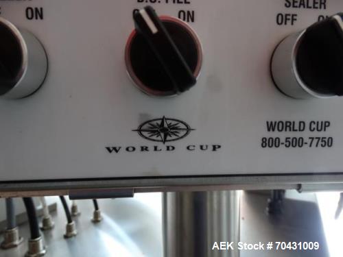 Used World Cup Packaging 8-80 Cup Filler. Container size: up to 80 ounces or up to 6.5 inch maximum diameter with change parts from the OEM. Filling speed: up to 40 indexes per minute depending on cu...