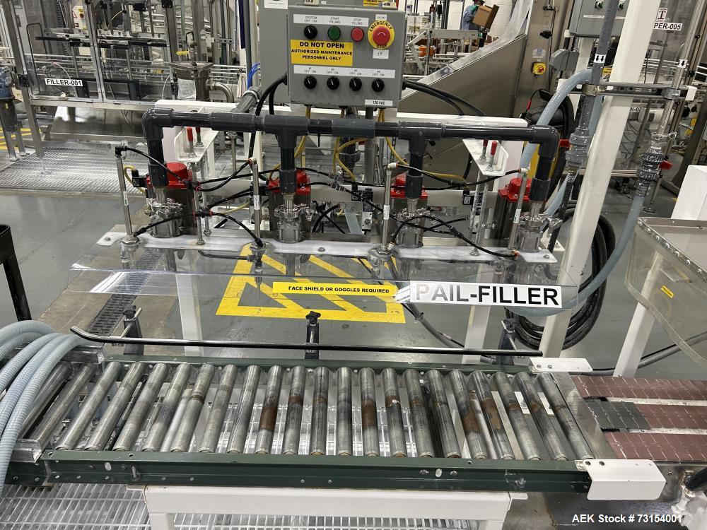 Used Complete 5 Gallon Pail Filling Line with Filler and Lidder. Filler is a 4 head unit with manual lid plcement and automatic lid sealing station. Includes interconnecting roller conveyor.