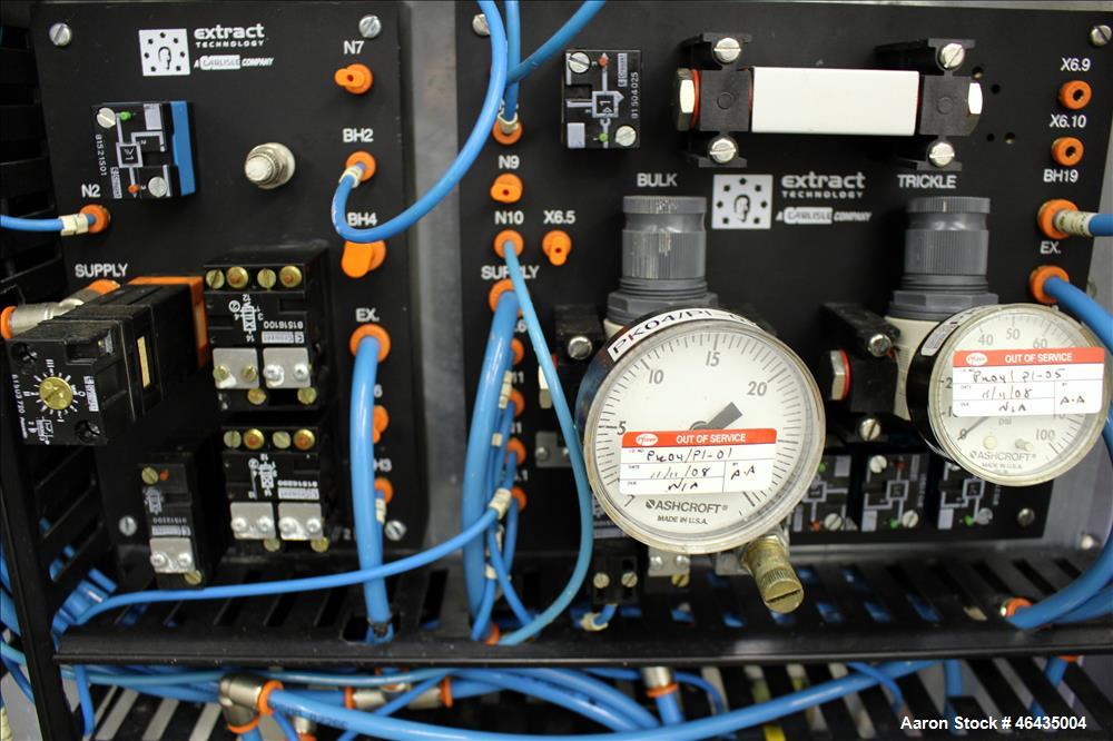 Used Extract Technology Pack-Off Isolator. 10" Diameter filling head with 20-3/4" diameter cone sealing head. Top pneumatic butterfly valve. Side infeed. Has mettler Toledo scale 24" x 30" platform. ...