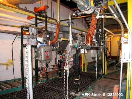 Used-Toledo scale two line drum filling line with individual automatic load cell controlled filling nozzles, drum feed is au...