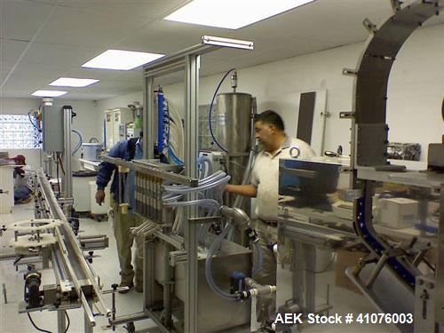 Used Equipment Express 8 Head Gravity Overflow Filler. Stainless Steel With Conveyor & Recirculation Pump