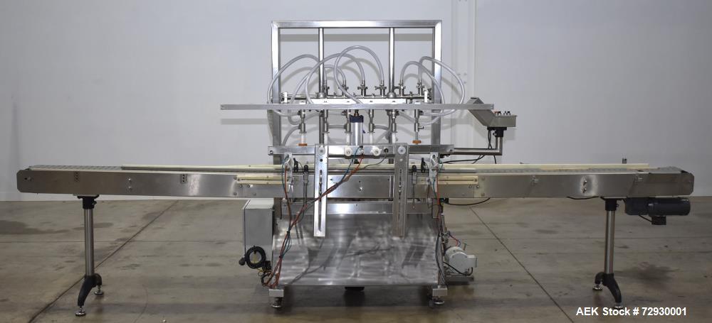 Used Accutek APOF Series Automatic Pressure 6 Head Overflow Filler, Model APOF-6. (6) Stainless steel nozzles, 4.5" x 5/8" diameter. Filling speed of up to 60 CPM. Viscosity range of 2,000 cps (Centi...