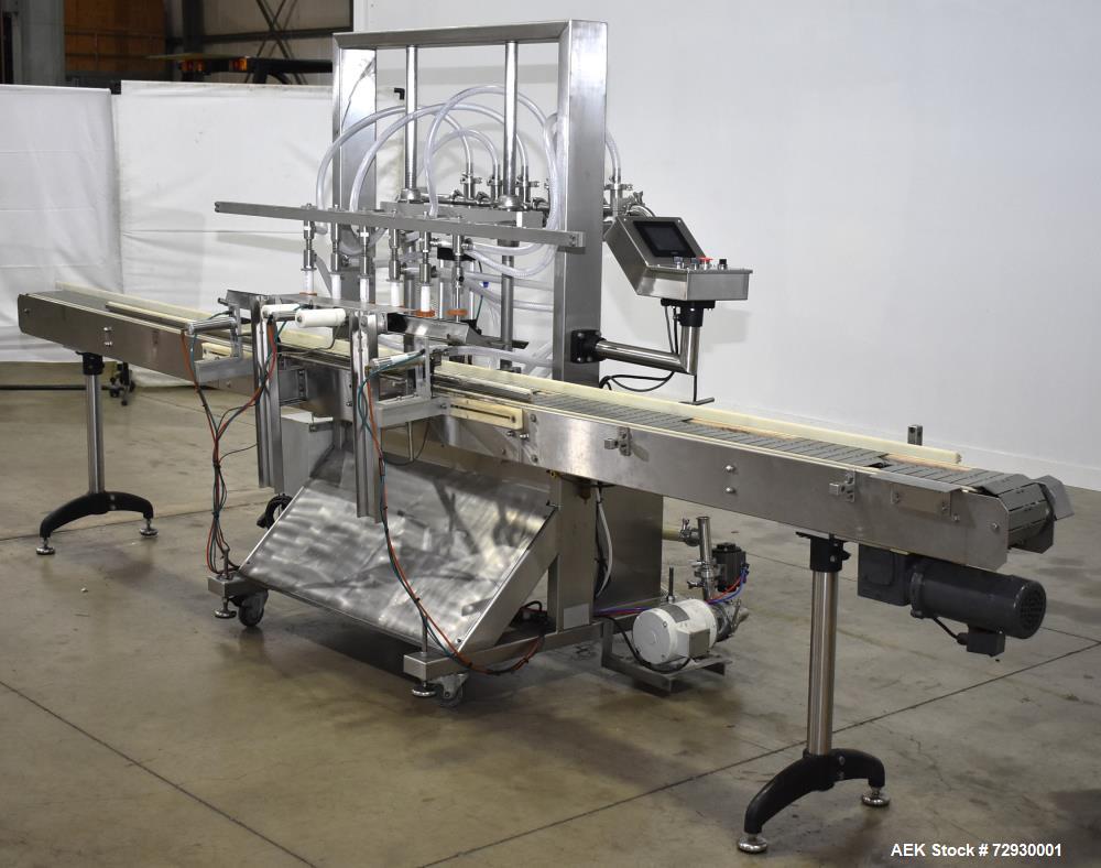 Used Accutek APOF Series Automatic Pressure 6 Head Overflow Filler, Model APOF-6. (6) Stainless steel nozzles, 4.5" x 5/8" diameter. Filling speed of up to 60 CPM. Viscosity range of 2,000 cps (Centi...