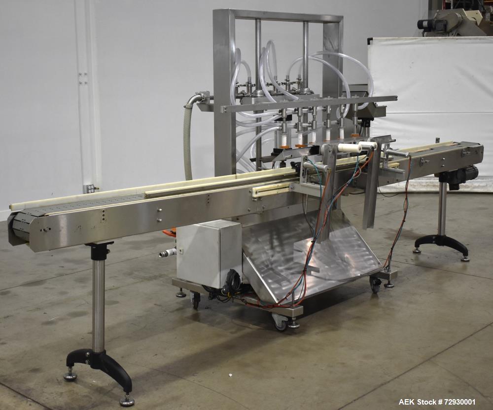 Used Accutek APOF Series Automatic Pressure 6 Head Overflow Filler, Model APOF-6. (6) Stainless steel nozzles, 4.5" x 5/8" diameter. Filling speed of up to 60 CPM. Viscosity range of 2,000 cps (Centi...