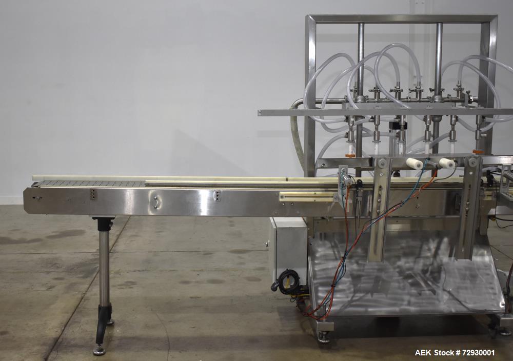Used Accutek APOF Series Automatic Pressure 6 Head Overflow Filler, Model APOF-6. (6) Stainless steel nozzles, 4.5" x 5/8" diameter. Filling speed of up to 60 CPM. Viscosity range of 2,000 cps (Centi...