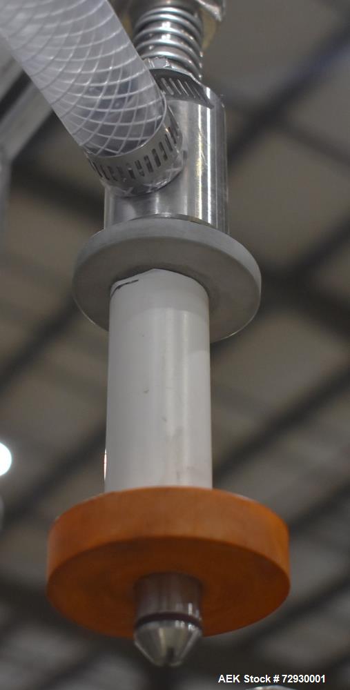 Used Accutek APOF Series Automatic Pressure 6 Head Overflow Filler, Model APOF-6. (6) Stainless steel nozzles, 4.5" x 5/8" diameter. Filling speed of up to 60 CPM. Viscosity range of 2,000 cps (Centi...