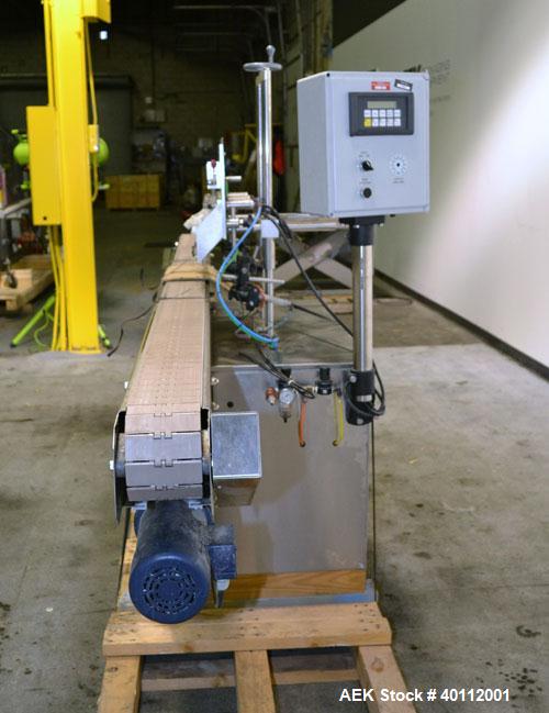 Used Accutek Auto Pinch 25 Automatic 6 Head Timed Flow Volumetric Filling Machine. Capable of speeds up to 60 BPM. Has pneumatic cylinder pin indexing, heavy duty design, 10' long 4-1/2"wide delrin T...