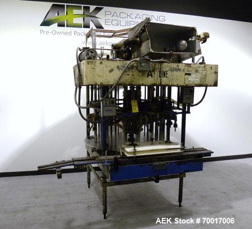 Used Biner-Ellison 18 Head Rotary Gravity/Pressure Filler, Model F-52-TDP-18. Has 1/2" diameter 316 stainless steel nozzles on 8-1/4" centers. Top mounted stainless steel supply tank, recirculation p...