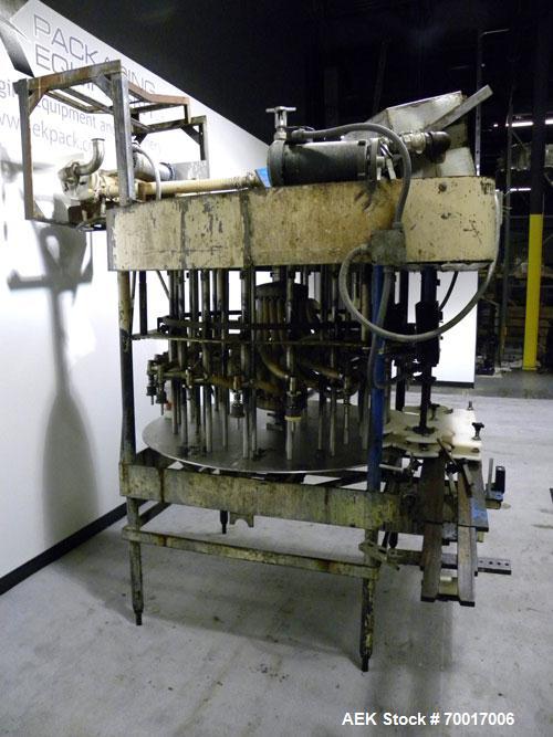 Used Biner-Ellison 18 Head Rotary Gravity/Pressure Filler, Model F-52-TDP-18. Has 1/2" diameter 316 stainless steel nozzles on 8-1/4" centers. Top mounted stainless steel supply tank, recirculation p...