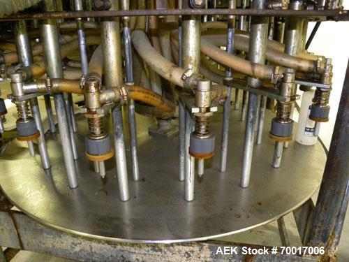 Used Biner-Ellison 18 Head Rotary Gravity/Pressure Filler, Model F-52-TDP-18. Has 1/2" diameter 316 stainless steel nozzles on 8-1/4" centers. Top mounted stainless steel supply tank, recirculation p...