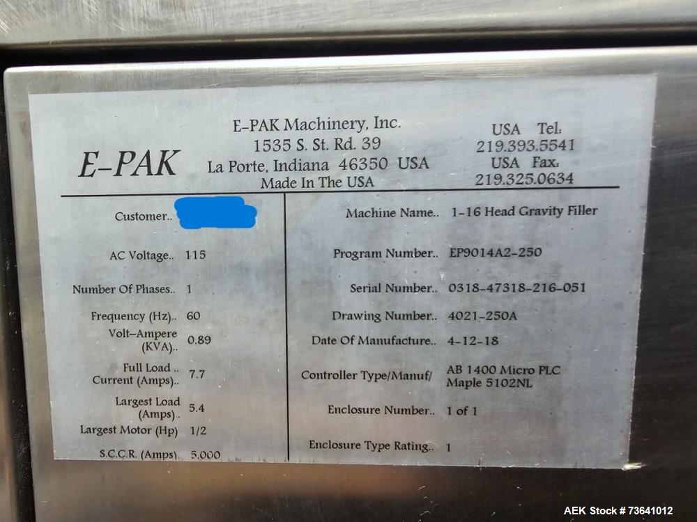 Used E-Pak 16 Head Automatic Inline Liquid Filler Microprocessor Controlled