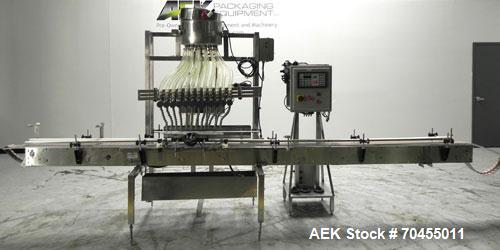 Used ELF (E-PAK) Model 15 CONV 12 Head Inline Time Gravity Pressure Liquid Filler. Capable of speeds over 100 bottles per minute. Has pin indexing system. Neck pneumatic guides. Has a machine mounted...