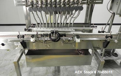 Used ELF (E-PAK) Model 15 CONV 12 Head Inline Time Gravity Pressure Liquid Filler. Capable of speeds over 100 bottles per minute. Has pin indexing system. Neck pneumatic guides. Has a machine mounted...