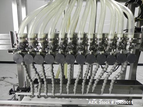 Used ELF (E-PAK) Model 15 CONV 12 Head Inline Time Gravity Pressure Liquid Filler. Capable of speeds over 100 bottles per minute. Has pin indexing system. Neck pneumatic guides. Has a machine mounted...