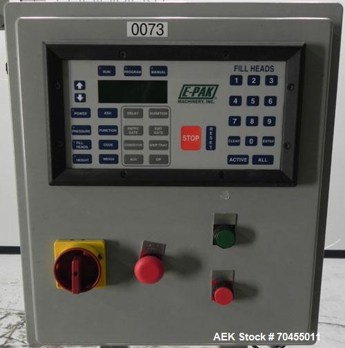 Used ELF (E-PAK) Model 15 CONV 12 Head Inline Time Gravity Pressure Liquid Filler. Capable of speeds over 100 bottles per minute. Has pin indexing system. Neck pneumatic guides. Has a machine mounted...
