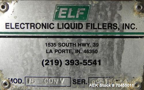 Used ELF (E-PAK) Model 15 CONV 12 Head Inline Time Gravity Pressure Liquid Filler. Capable of speeds over 100 bottles per minute. Has pin indexing system. Neck pneumatic guides. Has a machine mounted...