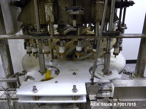 Used Filling Equipment Company 24 Head Rotary Overflow Filler, Model 9345122. Unit has 1/2" diameter nozzles on 5-1/4" centers. Contact parts 316 stainless steel. Frame is 304 stainless steel. Right ...