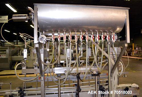 Used Fluid Packaging Solutions 12 Head Inline Automatic Time / Gravity Liquid Filler. Fabricated with 4-1/2" wide x 180" long table top chain conveyor, 5/8" nozzles with positive shut-off valves, div...