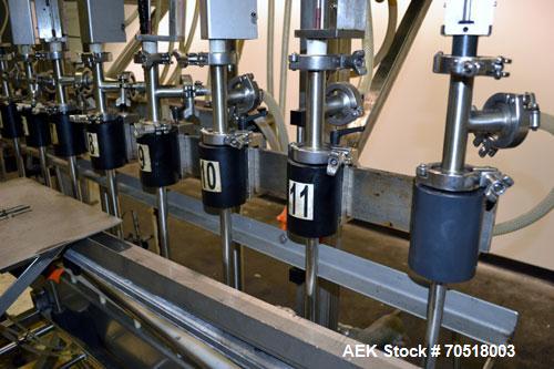 Used Fluid Packaging Solutions 12 Head Inline Automatic Time / Gravity Liquid Filler. Fabricated with 4-1/2" wide x 180" long table top chain conveyor, 5/8" nozzles with positive shut-off valves, div...