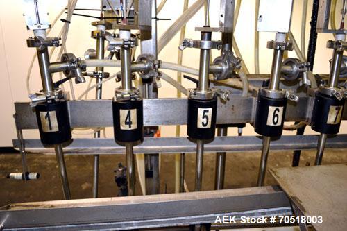 Used Fluid Packaging Solutions 12 Head Inline Automatic Time / Gravity Liquid Filler. Fabricated with 4-1/2" wide x 180" long table top chain conveyor, 5/8" nozzles with positive shut-off valves, div...