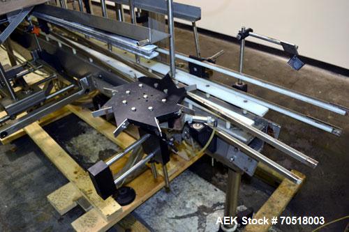 Used Fluid Packaging Solutions 12 Head Inline Automatic Time / Gravity Liquid Filler. Fabricated with 4-1/2" wide x 180" long table top chain conveyor, 5/8" nozzles with positive shut-off valves, div...