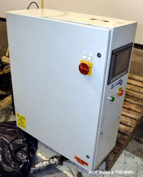 Used Fluid Packaging Solutions 12 Head Inline Automatic Time / Gravity Liquid Filler. Fabricated with 4-1/2" wide x 180" long table top chain conveyor, 5/8" nozzles with positive shut-off valves, div...
