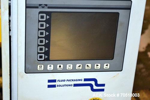 Used Fluid Packaging Solutions 12 Head Inline Automatic Time / Gravity Liquid Filler. Fabricated with 4-1/2" wide x 180" long table top chain conveyor, 5/8" nozzles with positive shut-off valves, div...